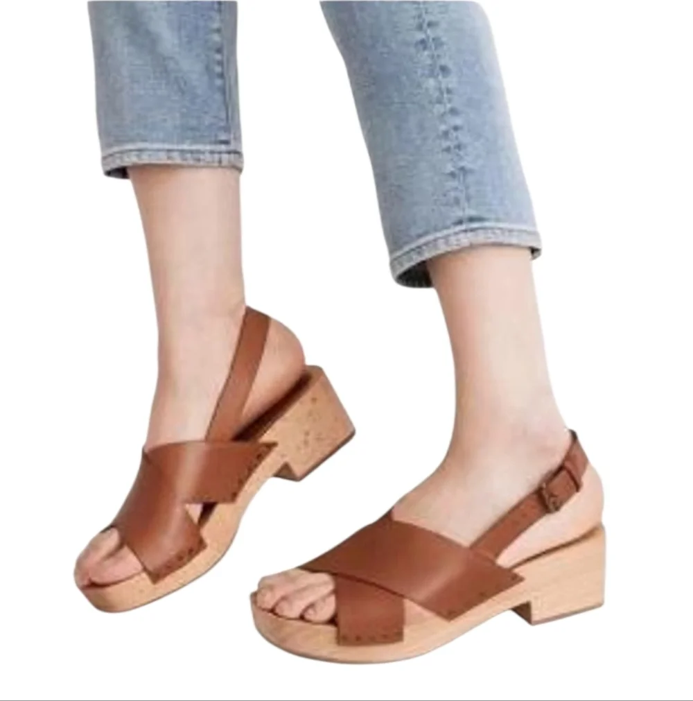 Madewell Brown Leather Wood Platform Slingback Sandals Size 6 MC706